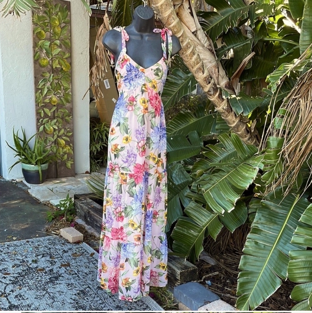 Express floral bowtie, strap, tiered sundress maxi